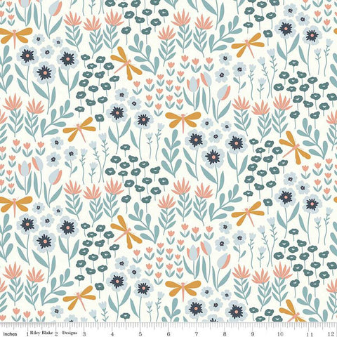 FLANNEL Little Swan Lakeside Floral F14693 White - Riley Blake Designs - Flowers Dragonflies - FLANNEL Cotton Fabric