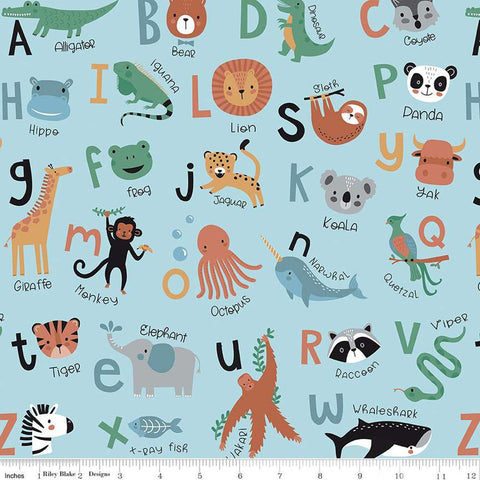 FLANNEL Alphabet Zoo F14694 Aqua - Riley Blake Designs - Letters Animals - FLANNEL Cotton Fabric