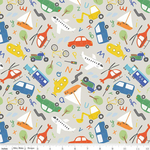 FLANNEL Automobiles F14695 Tan - Riley Blake Designs - Letters Cars Helicopters Tractors Bikes Planes Boats - FLANNEL Cotton Fabric