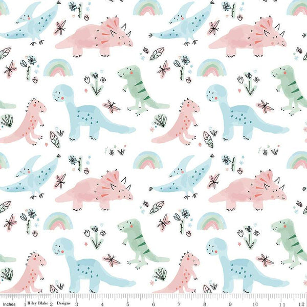 CLEARANCE FLANNEL Dinosaurs F14696 White - Riley Blake Designs - Dinos Rainbows Leaves Dragonflies Flowers - FLANNEL Cotton Fabric