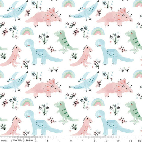 28" End of Bolt - CLEARANCE FLANNEL Dinosaurs F14696 White - Riley Blake - Dinos Rainbows Leaves Dragonflies Flowers - FLANNEL Cotton Fabric