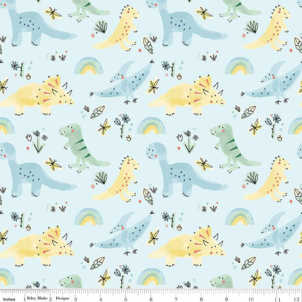 FLANNEL Dinosaurs F14696 Sky - Riley Blake Designs - Dinos Rainbows Leaves Dragonflies Flowers - FLANNEL Cotton Fabric