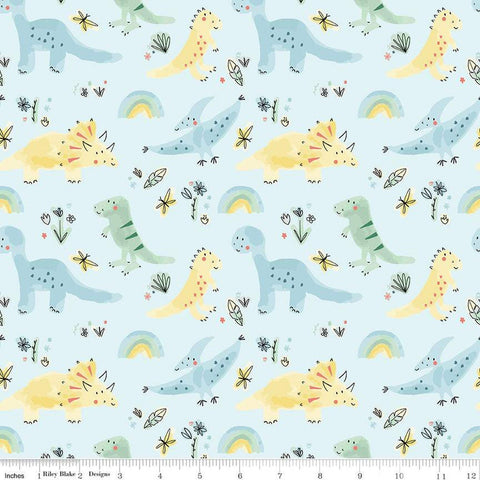 FLANNEL Dinosaurs F14696 Sky - Riley Blake Designs - Dinos Rainbows Leaves Dragonflies Flowers - FLANNEL Cotton Fabric