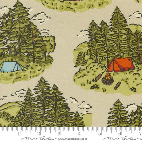 The Great Outdoors Vintage Camping 20880 Sand - Moda Fabrics - Trees Tents Camps - Quilting Cotton Fabric