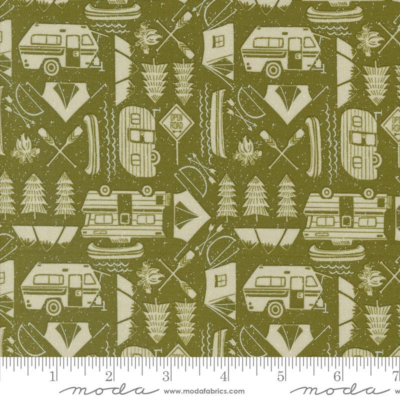 The Great Outdoors Open Road 20884 Forest - Moda Fabrics - Tents Trailers Trees Boats Oars Fires Bows Arrows - Quilting Cotton Fabric