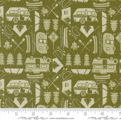 The Great Outdoors Open Road 20884 Forest - Moda Fabrics - Tents Trailers Trees Boats Oars Fires Bows Arrows - Quilting Cotton Fabric