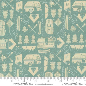 SALE The Great Outdoors Open Road 20884 Sky - Moda Fabrics - Tents Trailers Trees Boats Oars Fires Bows Arrows - Quilting Cotton Fabric