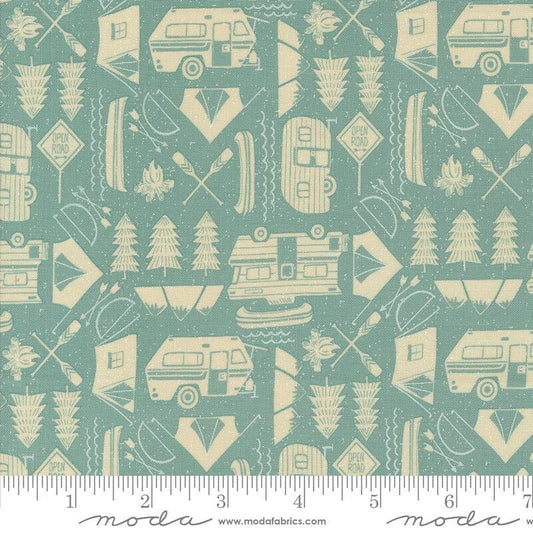 SALE The Great Outdoors Open Road 20884 Sky - Moda Fabrics - Tents Trailers Trees Boats Oars Fires Bows Arrows - Quilting Cotton Fabric