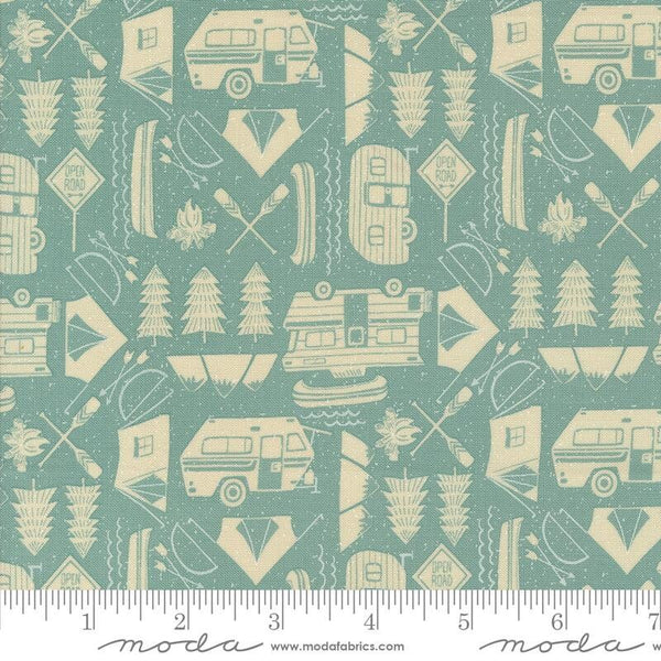 SALE The Great Outdoors Open Road 20884 Sky - Moda Fabrics - Tents Trailers Trees Boats Oars Fires Bows Arrows - Quilting Cotton Fabric