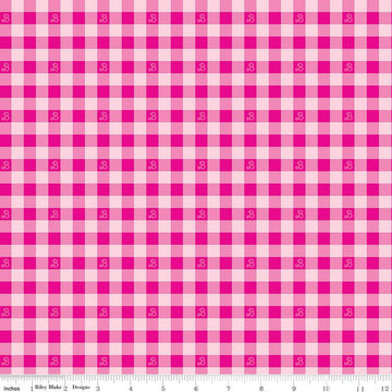 Barbie World Barbie PRINTED Gingham CD15024 Hot Pink - Official Licensed Product - Doll Logo Checks Check - Quilting Cotton Fabric