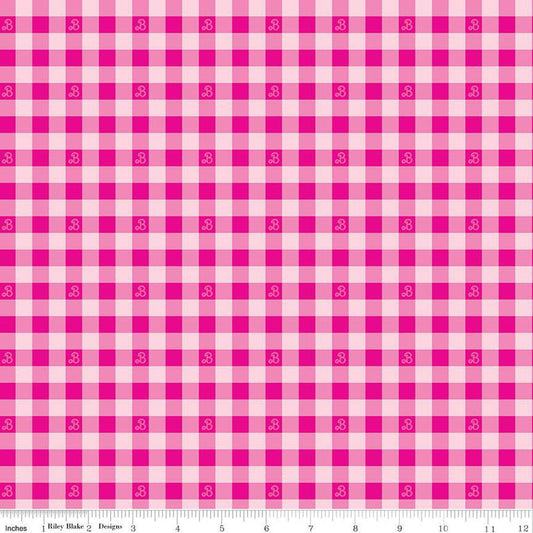 Barbie World Barbie PRINTED Gingham CD15024 Hot Pink - Official Licensed Product - Doll Logo Checks Check - Quilting Cotton Fabric