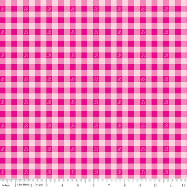 SALE Barbie World Barbie PRINTED Gingham CD15024 Hot Pink - Official Licensed Product - Doll Logo Checks Check - Quilting Cotton Fabric