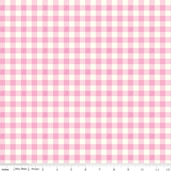 SALE Barbie World Barbie PRINTED Gingham CD15024 Pink - Official Licensed Product - Doll Logo Pink/Cream - Quilting Cotton Fabric