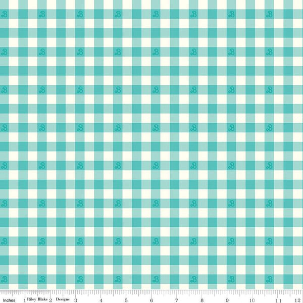 SALE Barbie World Barbie PRINTED Gingham CD15024 Teal - Riley Blake Designs - Doll Logo Teal/Cream Checks Check - Quilting Cotton Fabric