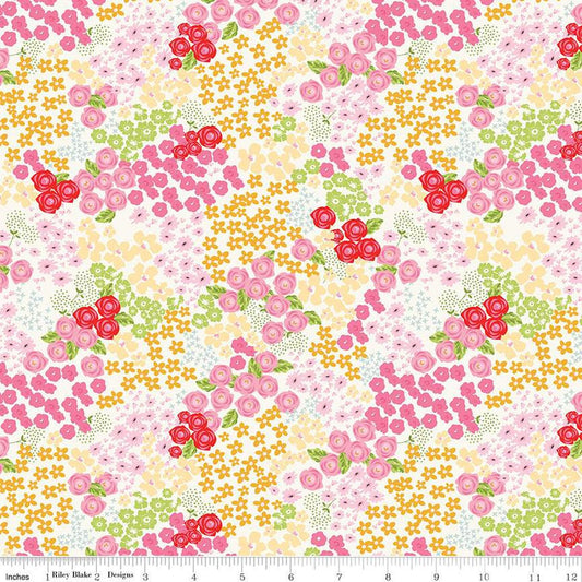 SALE 17" End of Bolt - Picnic Florals Flower Garden C14611 Cream - Riley Blake - Floral Flowers Blossoms Leaves - Quilting Cotton Fabric