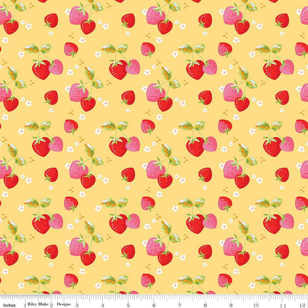 Fat Quarter End of Bolt - SALE Picnic Florals Strawberries C14612 Yellow by Riley Blake - Berries Blossoms Leaves - Quilting Cotton Fabric