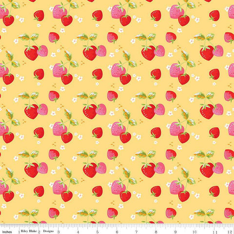 Fat Quarter End of Bolt - SALE Picnic Florals Strawberries C14612 Yellow by Riley Blake - Berries Blossoms Leaves - Quilting Cotton Fabric
