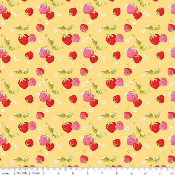 Fat Quarter End of Bolt - SALE Picnic Florals Strawberries C14612 Yellow by Riley Blake - Berries Blossoms Leaves - Quilting Cotton Fabric