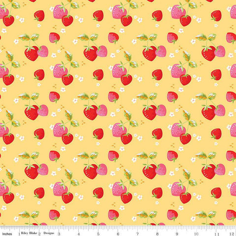 Fat Quarter End of Bolt - SALE Picnic Florals Strawberries C14612 Yellow by Riley Blake - Berries Blossoms Leaves - Quilting Cotton Fabric