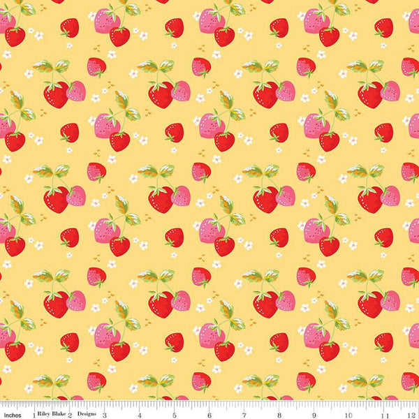 SALE Picnic Florals Strawberries C14612 Yellow by Riley Blake Designs - Berries Blossoms Leaves - Quilting Cotton Fabric