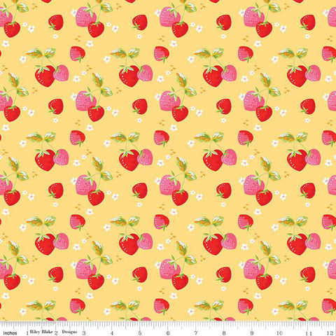 Picnic Florals Strawberries C14612 Yellow by Riley Blake Designs - Berries Blossoms Leaves - Quilting Cotton Fabric