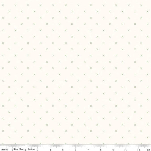 Bee Cross Stitch on Cloud C747 Riley Green - Riley Blake Designs -  Green Xs on Off-White - Lori Holt - Quilting Cotton Fabric