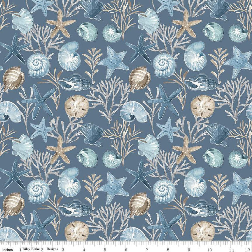 SALE Blue Escape Coastal Ocean Floor C14511 Colonial by Riley Blake Designs - Sea Stars Seashells Ocean Flora - Quilting Cotton Fabric