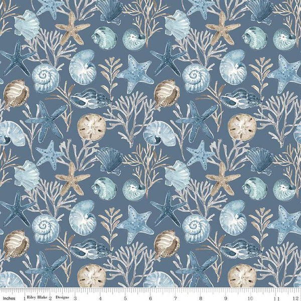 Blue Escape Coastal Ocean Floor C14511 Colonial by Riley Blake Designs - Sea Stars Seashells Ocean Flora - Quilting Cotton Fabric