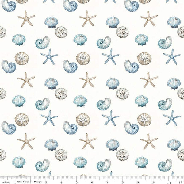 Blue Escape Coastal Shell Toss C14513 Off White by Riley Blake Designs - Sea Stars Seashells Shells - Quilting Cotton Fabric