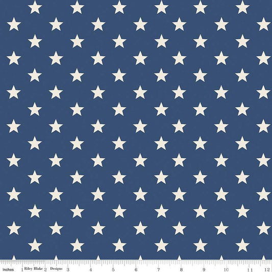 20" End of Bolt - SALE Monthly Placemats 2 July Stars C13933 Navy - Riley Blake - Cream Stars on Blue Patriotic - Quilting Cotton Fabric