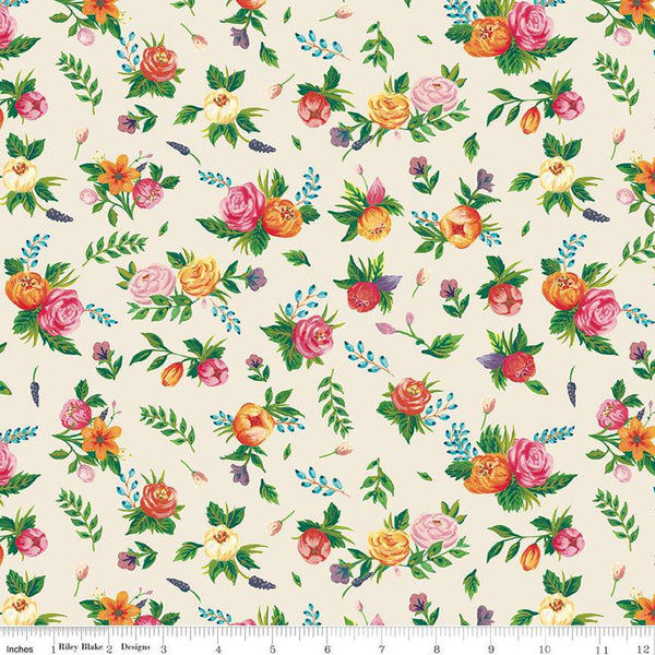 CLEARANCE Monthly Placemats 2 August Floral C13935 Cream - Riley Blake Designs - Flowers Leaves - Quilting Cotton Fabric