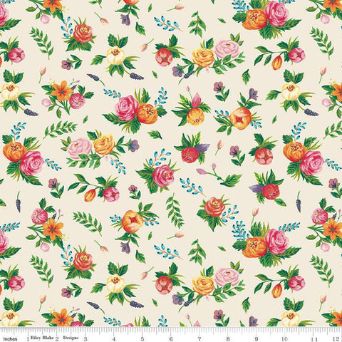 SALE Monthly Placemats 2 August Floral C13935 Cream - Riley Blake Designs - Flowers Leaves - Quilting Cotton Fabric