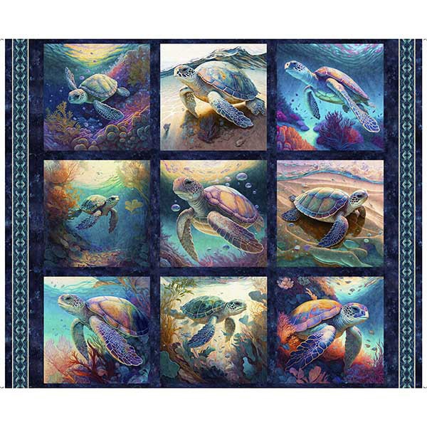 SALE Endless Blues Sea Turtle Picture Patch Panel 30040 Navy - by QT Fabrics - Turtles - Quilting Cotton Fabric