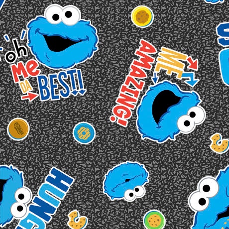 SALE Sesame Street Cookie Smart 27912 Gray - by QT Fabrics - Cookie Monster - Quilting Cotton Fabric