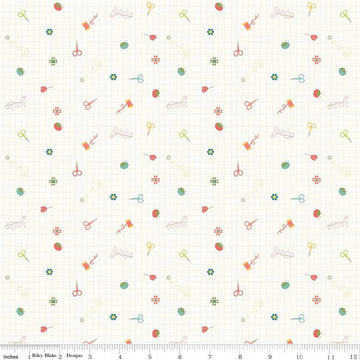Hush Hush 3 Stitch Is Life C14079 - Riley Blake Designs - Sewing Icons Flowers Grid Low-Volume - Quilting Cotton Fabric