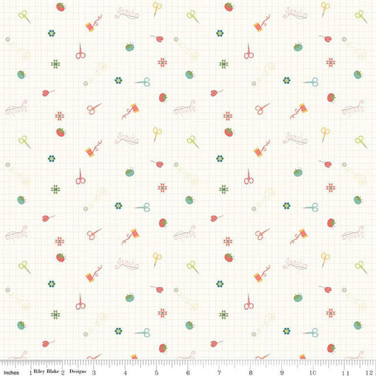 Hush Hush 3 Stitch Is Life C14079 - Riley Blake Designs - Sewing Icons Flowers Grid Low-Volume - Quilting Cotton Fabric
