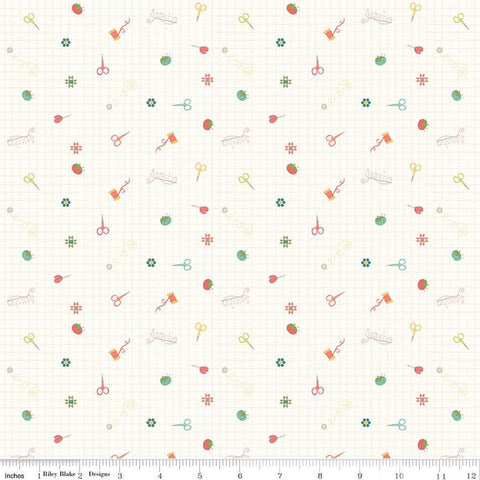 SALE Hush Hush 3 Stitch Is Life C14079 by Riley Blake Designs - Sewing Icons Flowers Grid Low-Volume - Quilting Cotton Fabric