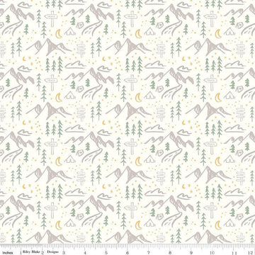 Albion Mountains C14592 Cream - Riley Blake Designs - Mountain Tents Trees Trail Signs Moons Stars - Quilting Cotton Fabric