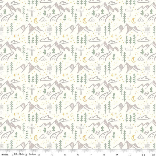 Albion Mountains C14592 Cream - Riley Blake Designs - Mountain Tents Trees Trail Signs Moons Stars - Quilting Cotton Fabric