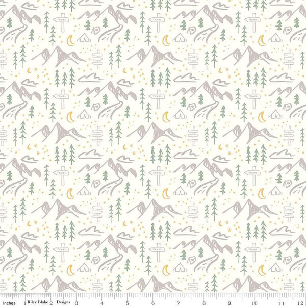 Albion Mountains C14592 Cream by Riley Blake Designs - Mountain Tents Trees Trail Signs Moons Stars - Quilting Cotton Fabric