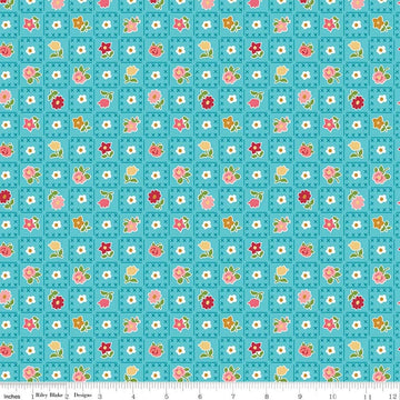 30" End of Bolt - Granny Chic Garden C8521 Blue - Riley Blake Designs - Lori Holt - Floral Flowers on Geometric Grid - Quilting Cotton