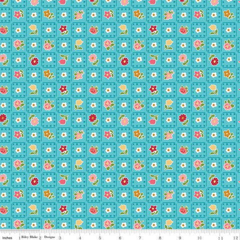 Granny Chic Garden C8521 Blue - Riley Blake Designs - Lori Holt - Floral Flowers on Geometric Grid - Quilting Cotton Fabric