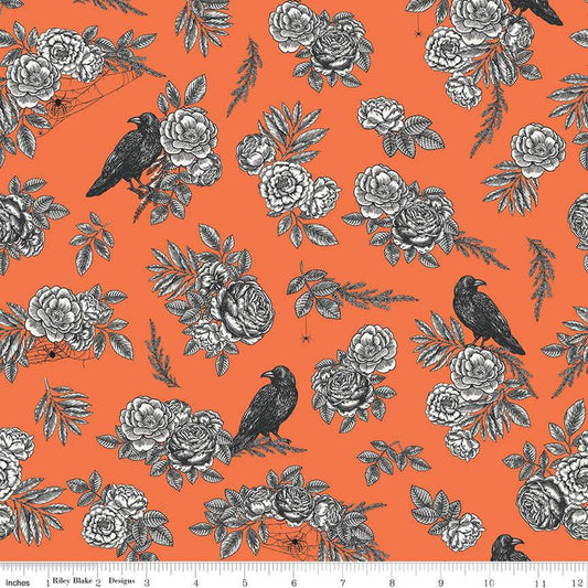 Sophisticated Halloween Main C14620 Orange - Riley Blake Designs - Birds Ravens Floral Flowers - Quilting Cotton Fabric