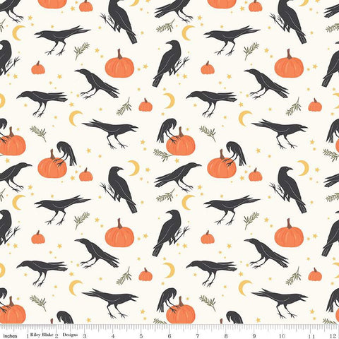 SALE Sophisticated Halloween Vintage Crows C14621 Cream - Riley Blake Designs - Birds Pumpkins Moons Stars Sprigs - Quilting Cotton Fabric
