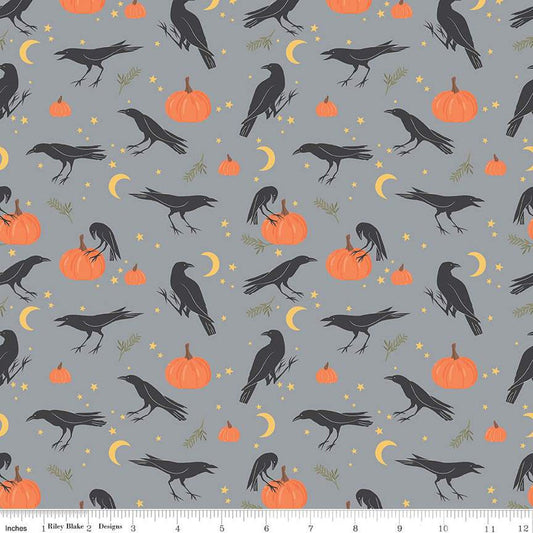 Fat Quarter End of Bolt - DEAL Sophisticated Halloween Vintage Crows C14621 Fog - Riley Blake Designs - Birds - Quilting Cotton Fabric