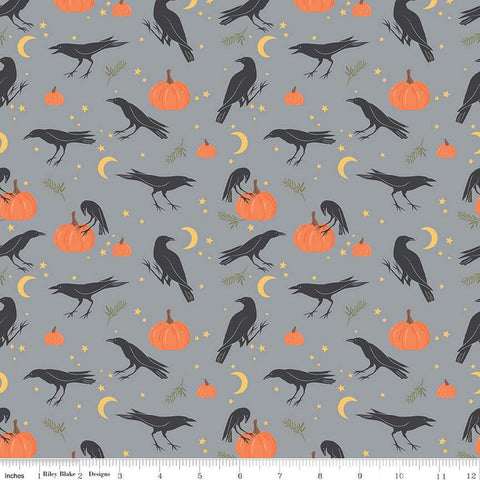 SALE Sophisticated Halloween Vintage Crows C14621 Fog - Riley Blake Designs - Birds Pumpkins Moons Stars Sprigs - Quilting Cotton Fabric