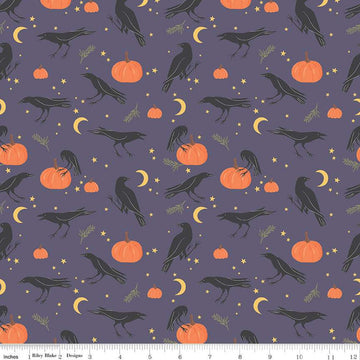 Sophisticated Halloween Vintage Crows C14621 Heather - Riley Blake Designs - Birds Pumpkins Moons Stars Sprigs - Quilting Cotton Fabric
