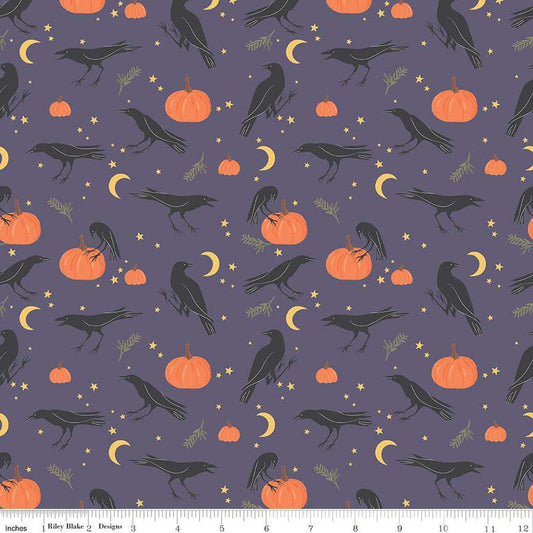 Sophisticated Halloween Vintage Crows C14621 Heather - Riley Blake Designs - Birds Pumpkins Moons Stars Sprigs - Quilting Cotton Fabric