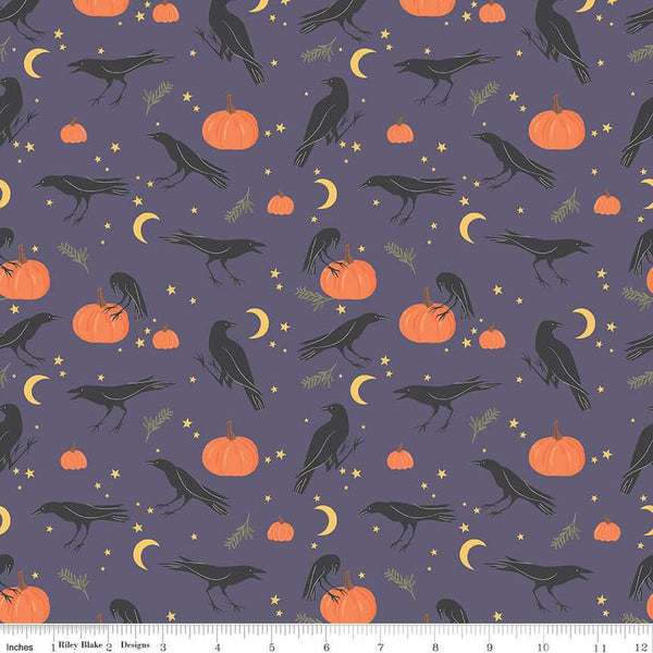 SALE Sophisticated Halloween Vintage Crows C14621 Heather - Riley Blake Designs - Birds Pumpkins Moons Stars Sprigs - Quilting Cotton Fabric