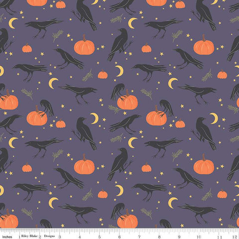 SALE Sophisticated Halloween Vintage Crows C14621 Heather - Riley Blake Designs - Birds Pumpkins Moons Stars Sprigs - Quilting Cotton Fabric